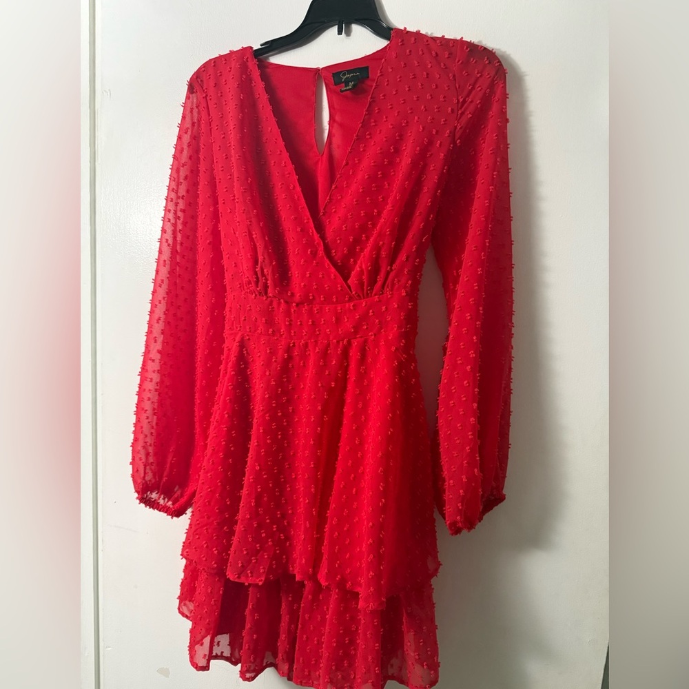 Jopar brand Red Long-Sleeve Tiered V-Neck Dress